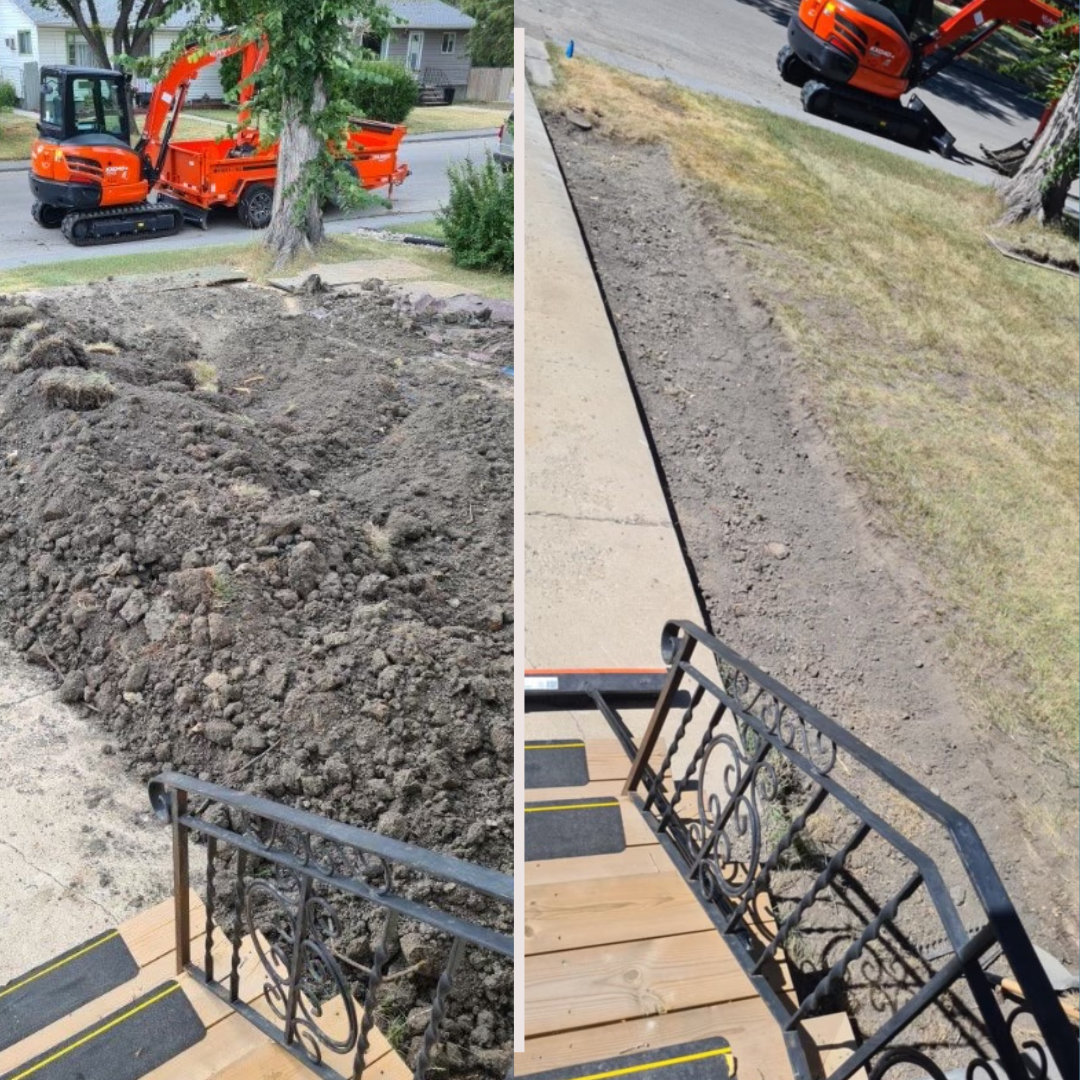 Side-by-side photos show a yard under construction with dirt piles and excavators on the left, and a cleared, leveled yard—ready for projects like Sewer Root Removal—with construction equipment in the background on the right.