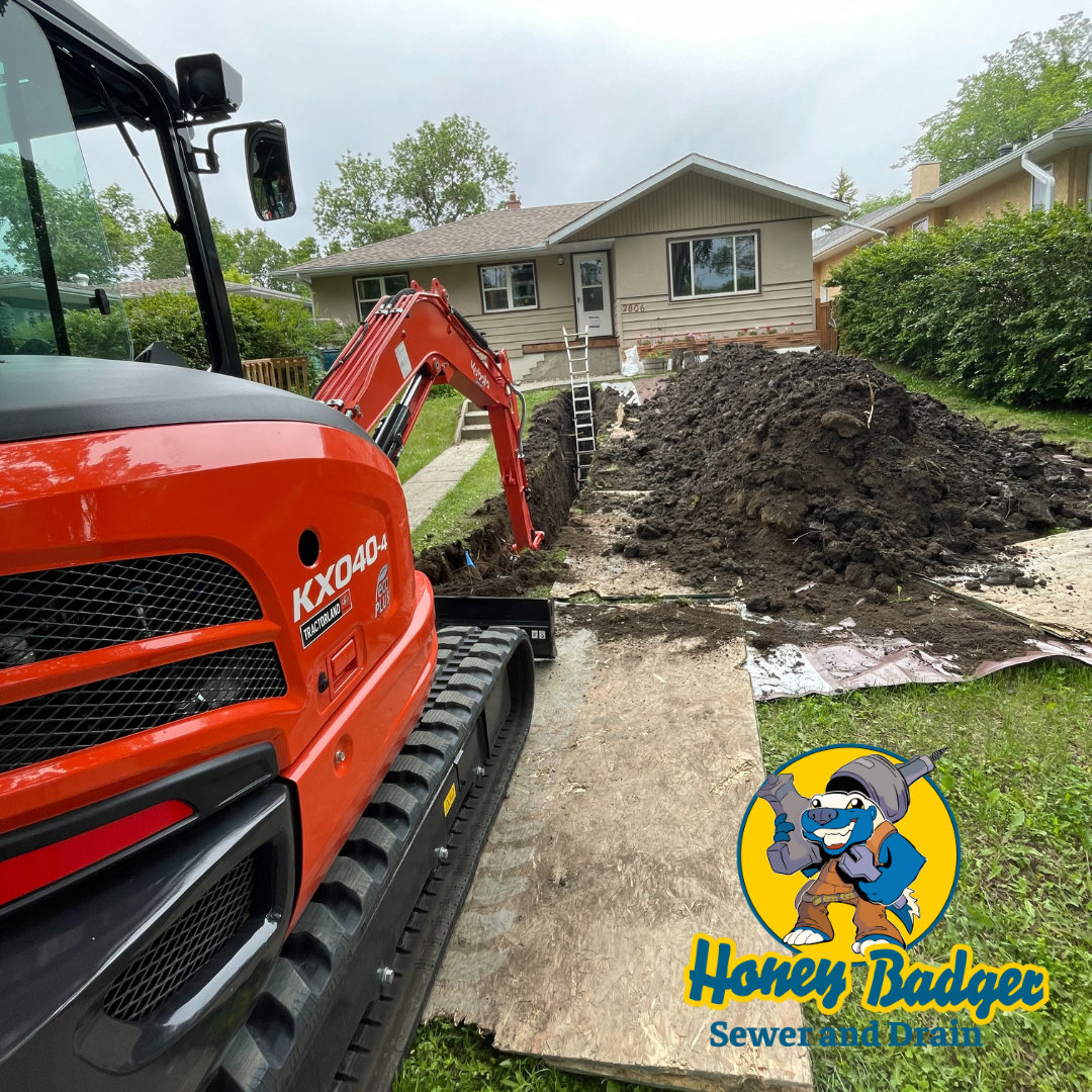 An excavator digs a trench in the front yard of a house for sewer and drain services. The Honey Badger Sewer and Drain logo is visible in the lower right corner.